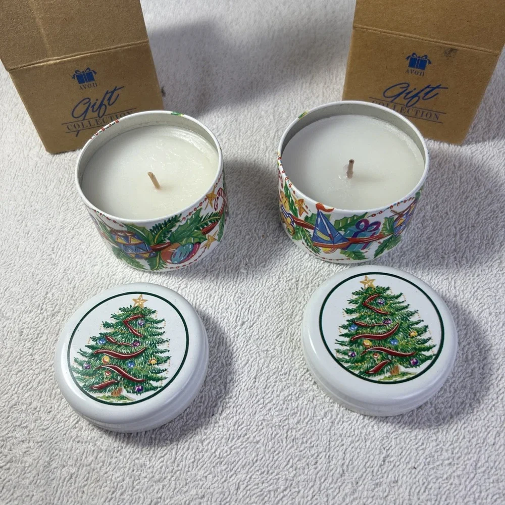 2 Vintage Avon Gift Collection Christmas Tree‎ Vanilla Scented Tin Candle 1996